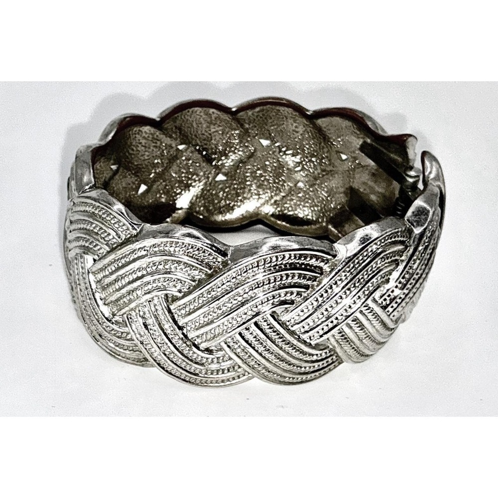 Silver-Tone Hinged Bangle‎ Bracelet Woven Design 8.5" Wide